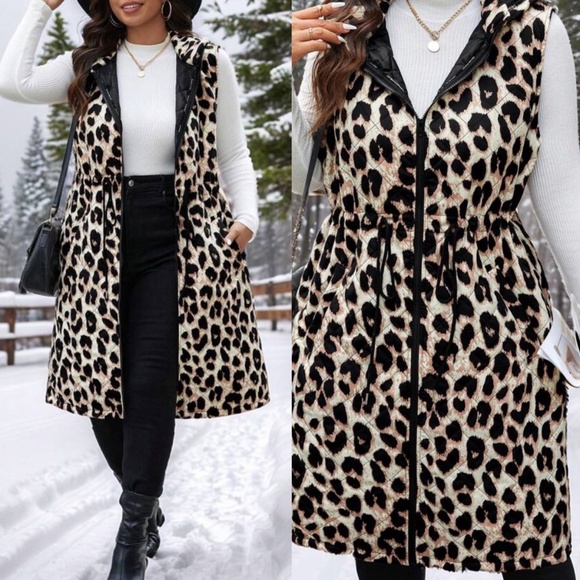 Plus Leopard Print Lined Drawstring Waist Hoodie Vest - Picture 1 of 4